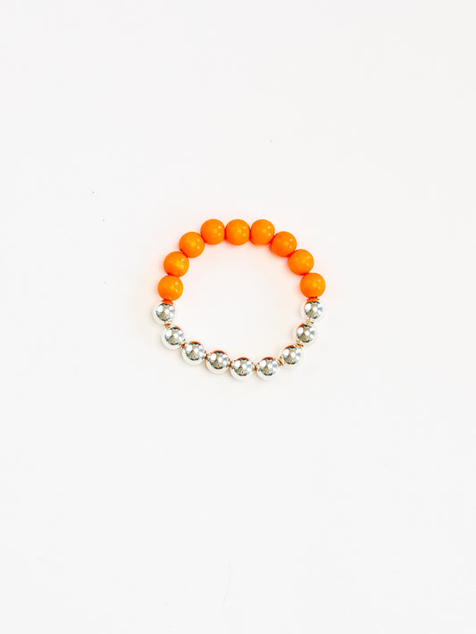 Perlen silver/wood bracelet, neonorange