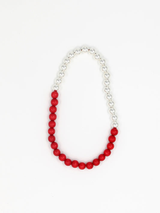 Perlen silver/wood necklace, red