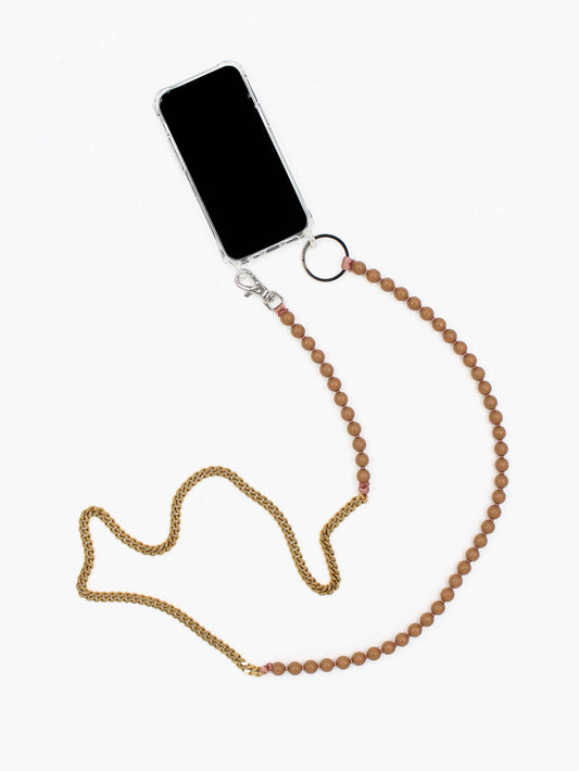 Perlenpanzerhandykette, mocca - brass